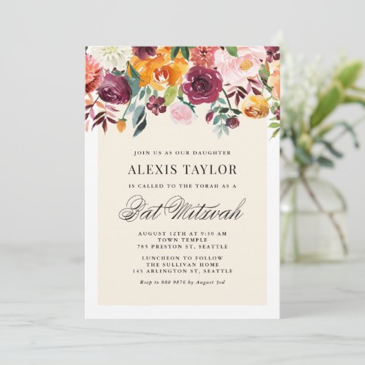 Waterverf Autumn Blooms Bart Mitzvah Kaart (Staand voorkant)