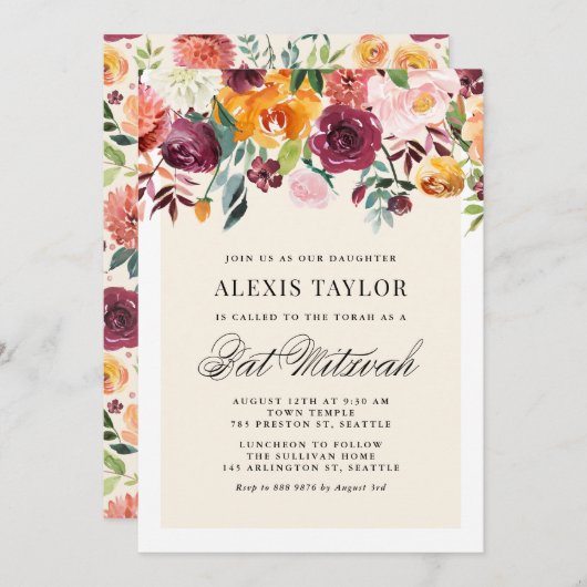  Waterverf Autumn Blooms Bart Mitzvah Kaart (Voorkant / Achterkant)