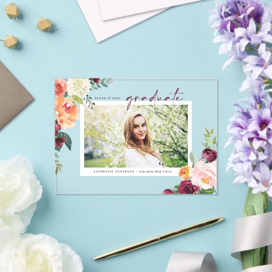 Waterverf Autumn Blooms Foto Afstuderen Acryl Uitnodigingen (Insitu (Huwelijk))