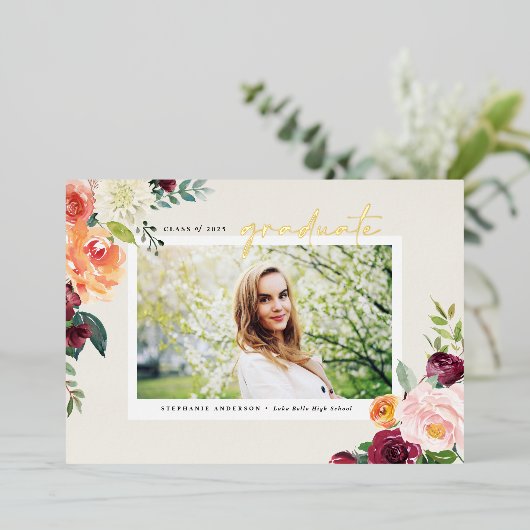 Waterverf Autumn Blooms Foto Afstuderen Folie Uitnodiging (Staand Voorkant)