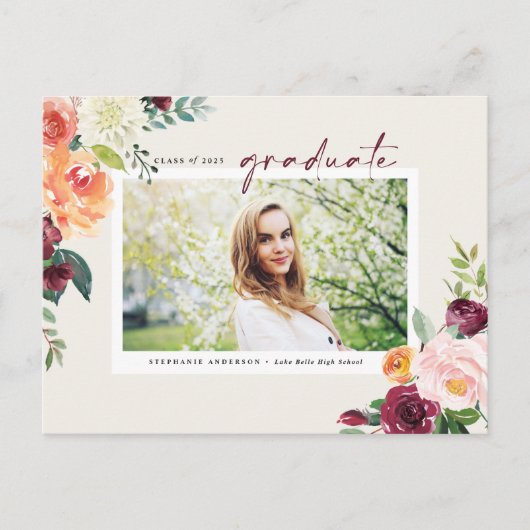 Waterverf Autumn Blooms Foto Afstuderen Uitnodiging Briefkaart (Voorkant)