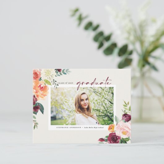 Waterverf Autumn Blooms Foto Afstuderen Uitnodiging Briefkaart (Staand voorkant)