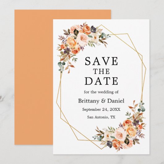 Waterverf Autumn Floral Geo Lijst Peach Save The Date (Voorkant / Achterkant)