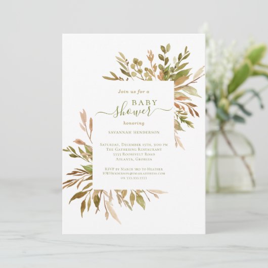 Waterverf Autumn Greenery Baby shower Uitnodiging (Staand voorkant)