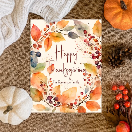 Waterverf Autumn verlaat Happy Thanksgiving-krans Briefkaart