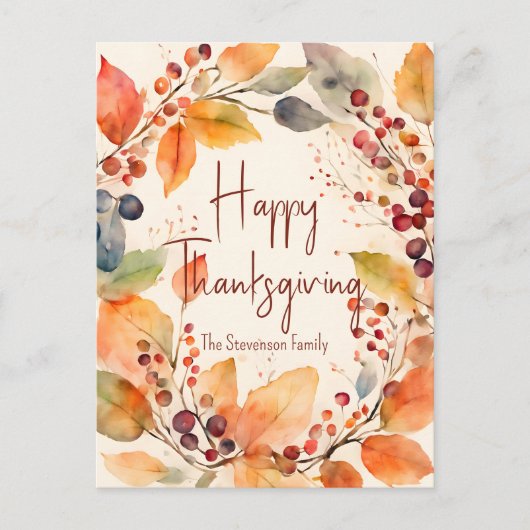 Waterverf Autumn verlaat Happy Thanksgiving-krans Briefkaart (Voorkant)