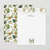 Waterverf Avocado Botanische Patroon Monogrammed Bedankkaart (Voorkant / Achterkant)