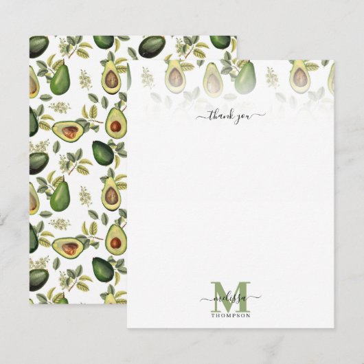 Waterverf Avocado Botanische Patroon Monogrammed Bedankkaart (Voorkant / Achterkant)