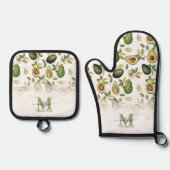 Waterverf Avocado Botanische Patroon Monogrammed Ovenwant & Pannenlap Set (Voorkant)
