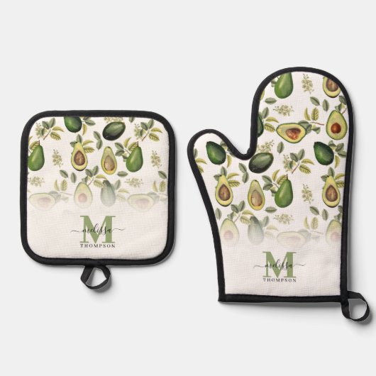 Waterverf Avocado Botanische Patroon Monogrammed Ovenwant & Pannenlap Set (Voorkant)