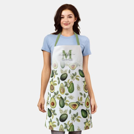 Waterverf Avocado Botanische Patroon Monogrammed Schort (Gedragen)