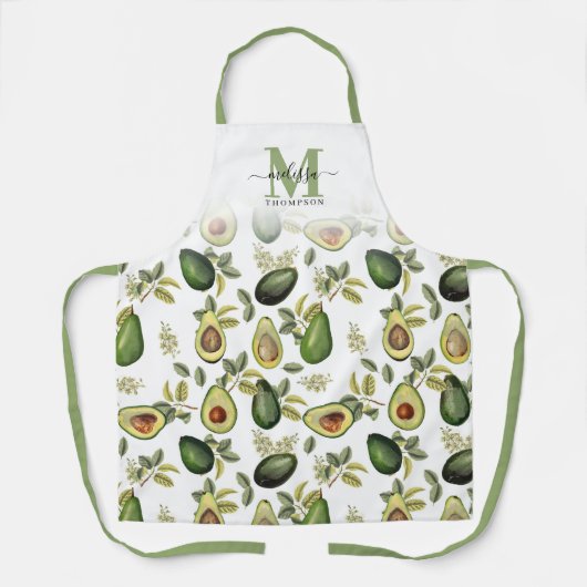 Waterverf Avocado Botanische Patroon Monogrammed Schort (Voorkant)