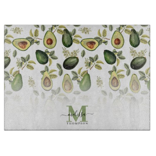 Waterverf Avocado Botanische Patroon Monogrammed Snijplank (Voorkant)