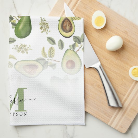 Waterverf Avocado Botanische Patroon Monogrammed Theedoek (Quarter Fold)