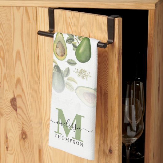 Waterverf Avocado Botanische Patroon Monogrammed Theedoek (Derde Gevouwen)