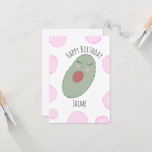 Waterverf Avocado Pink Stippen Birthday Party Kaart (Voorkant / Achterkant in situ)