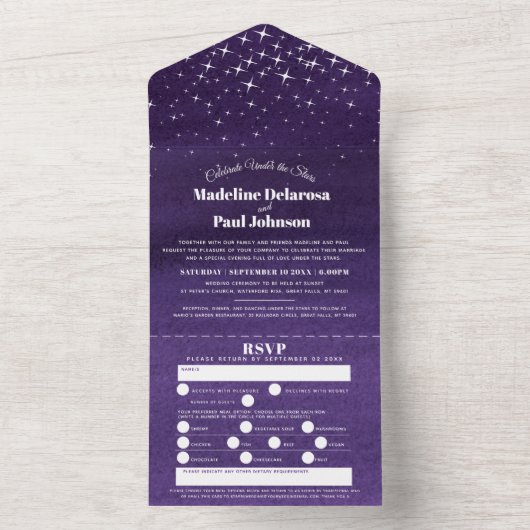 Waterverf avond sterren bruiloft ceremonie all in one uitnodiging (Binnen)