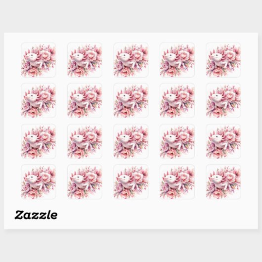 Waterverf axolotl onder roze bloemen vierkante sticker (Vel)
