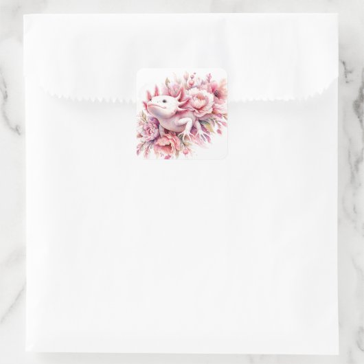 Waterverf axolotl onder roze bloemen vierkante sticker (Tas)