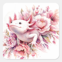 Waterverf axolotl onder roze bloemen