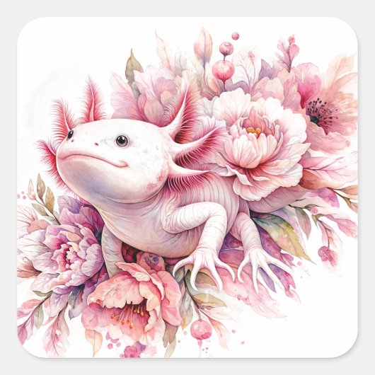 Waterverf axolotl onder roze bloemen vierkante sticker (Voorkant)