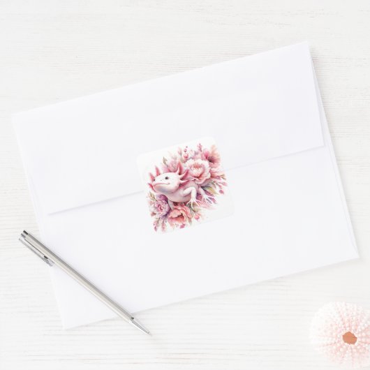 Waterverf axolotl onder roze bloemen vierkante sticker (Envelop)