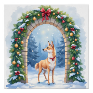 Waterverf Azawakh Besneeuwde Stenen Boog Kerstmis Perfect Poster