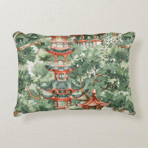 Waterverf Aziatische Pagode in Verdant Landschap ( Accent Kussen