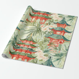 Waterverf Aziatische Pagode in Verdant Landschap ( Cadeaupapier