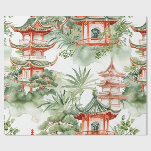 Waterverf Aziatische Pagode in Verdant Landschap ( Cadeaupapier (Vlak)