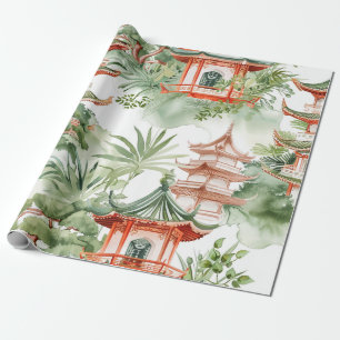Waterverf Aziatische Pagode in Verdant Landschap ( Cadeaupapier