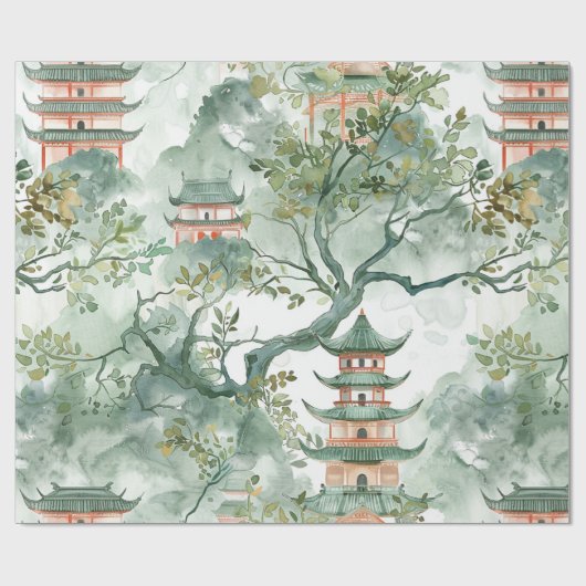 Waterverf Aziatische Pagode in Verdant Landschap ( Cadeaupapier (Vlak)