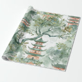 Waterverf Aziatische Pagode in Verdant Landschap ( Cadeaupapier (Uitgerold)