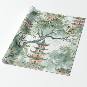 Waterverf Aziatische Pagode in Verdant Landschap ( Cadeaupapier