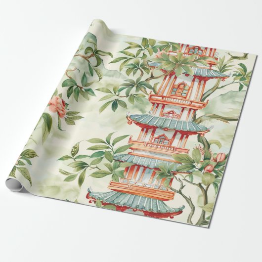 Waterverf Aziatische Pagode in Verdant Landschap ( Cadeaupapier (Uitgerold)