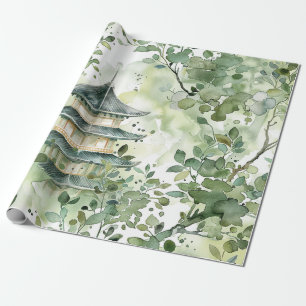 Waterverf Aziatische Pagode in Verdant Landschap ( Cadeaupapier