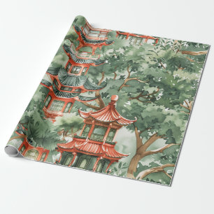 Waterverf Aziatische Pagode in Verdant Landschap ( Cadeaupapier