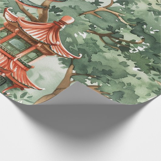 Waterverf Aziatische Pagode in Verdant Landschap ( Cadeaupapier (Hoek)
