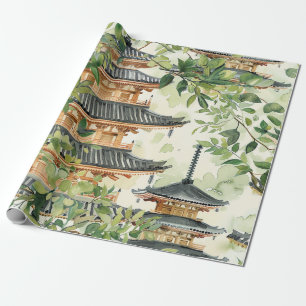 Waterverf Aziatische Pagode in Verdant Landschap ( Cadeaupapier