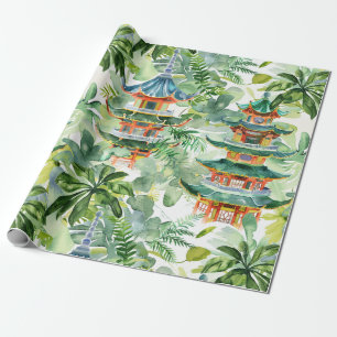 Waterverf Aziatische Pagode in Verdant Landschap ( Cadeaupapier