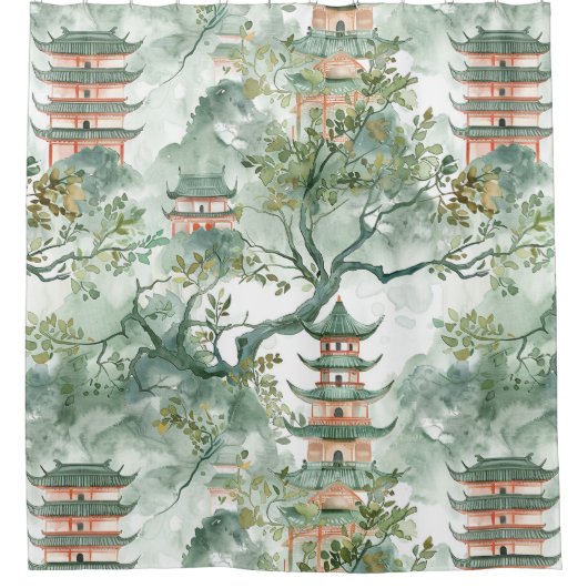 Waterverf Aziatische Pagode in Verdant Landschap ( Douchegordijn (Voorkant)