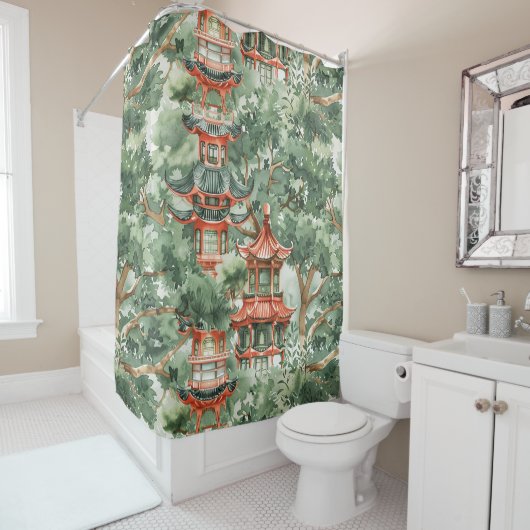 Waterverf Aziatische Pagode in Verdant Landschap ( Douchegordijn (In situ)