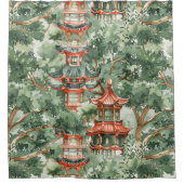 Waterverf Aziatische Pagode in Verdant Landschap ( Douchegordijn (Voorkant)