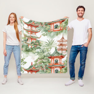 Waterverf Aziatische Pagode in Verdant Landschap ( Fleece Deken