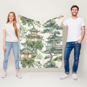 Waterverf Aziatische Pagode in Verdant Landschap ( Fleece Deken