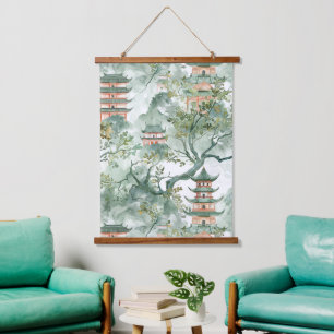 Waterverf Aziatische Pagode in Verdant Landschap ( Hangend Wandkleed
