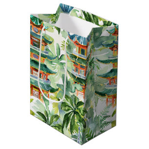 Waterverf Aziatische Pagode in Verdant Landschap ( Medium Cadeauzakje