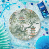 Waterverf Aziatische Pagode in Verdant Landschap ( Papieren Bordje (Feest)