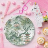 Waterverf Aziatische Pagode in Verdant Landschap ( Papieren Bordje (Feest)