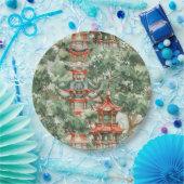 Waterverf Aziatische Pagode in Verdant Landschap ( Papieren Bordje (Feest)